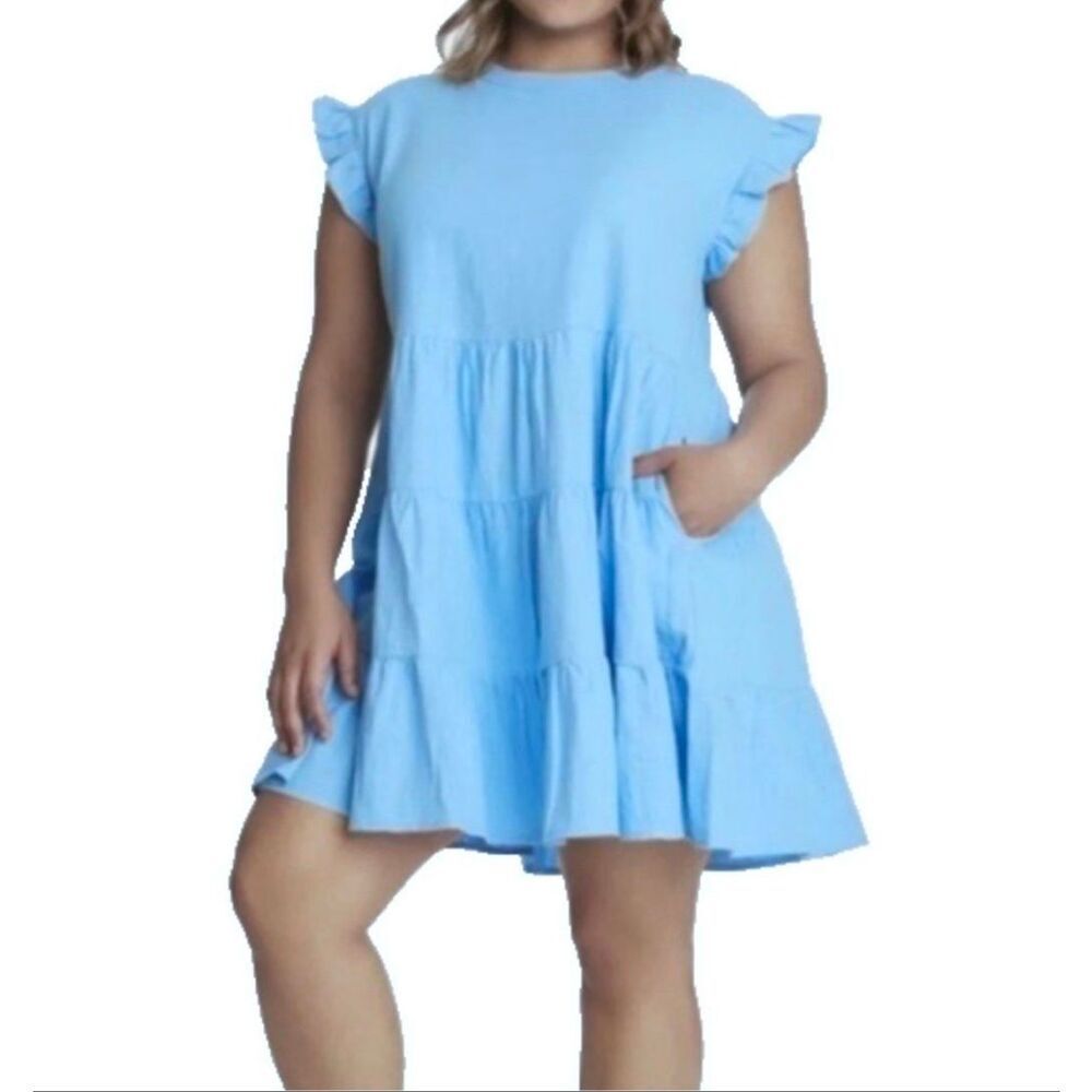 Adyson Parker Dress Womens Large Blue Linen Blend Tiered Pockets Soft Sky Sz XL